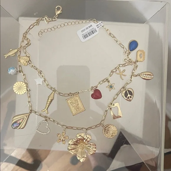 Free People Gold-Tone Multi Charm Necklace with Blue and Red Accents - Picture 7 of 9